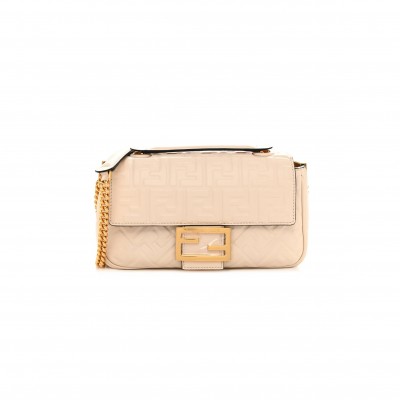 FENDI NAPPA SMALL FF EMBOSSED MIDI CHAIN BAGUETTE WHITE (23*13*6cm)