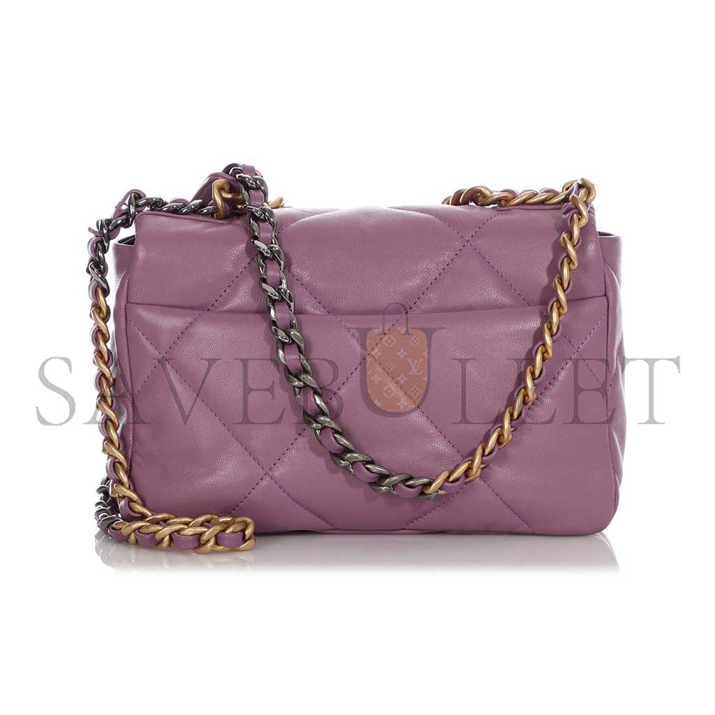 CHANEL PURPLE QUILTED CHÈVRE MEDIUM 19 BAG GOLD, RUTHENIUM, AND SILVER HARDWARE AS1160 (26*16*9cm)