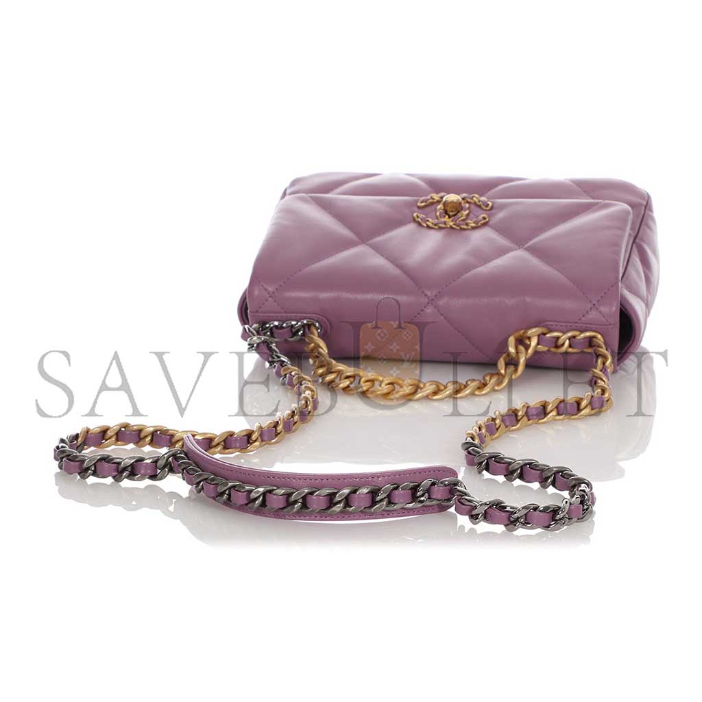 CHANEL PURPLE QUILTED CHÈVRE MEDIUM 19 BAG GOLD, RUTHENIUM, AND SILVER HARDWARE AS1160 (26*16*9cm)