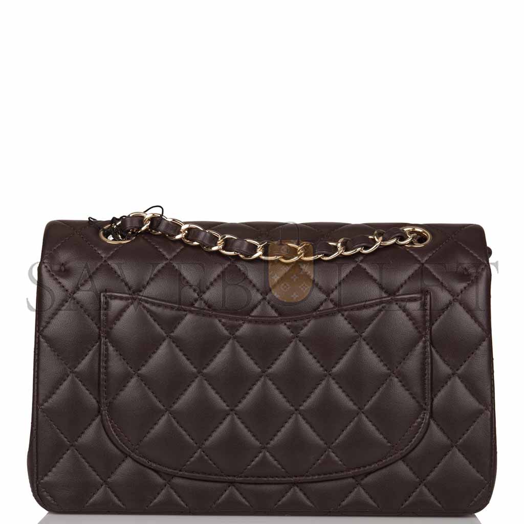 CHANEL CLASSIC DOUBLE FLAP BAG DARK BROWN LAMBSKIN LIGHT GOLD HARDWARE AS1117 (23*14.5*6cm)