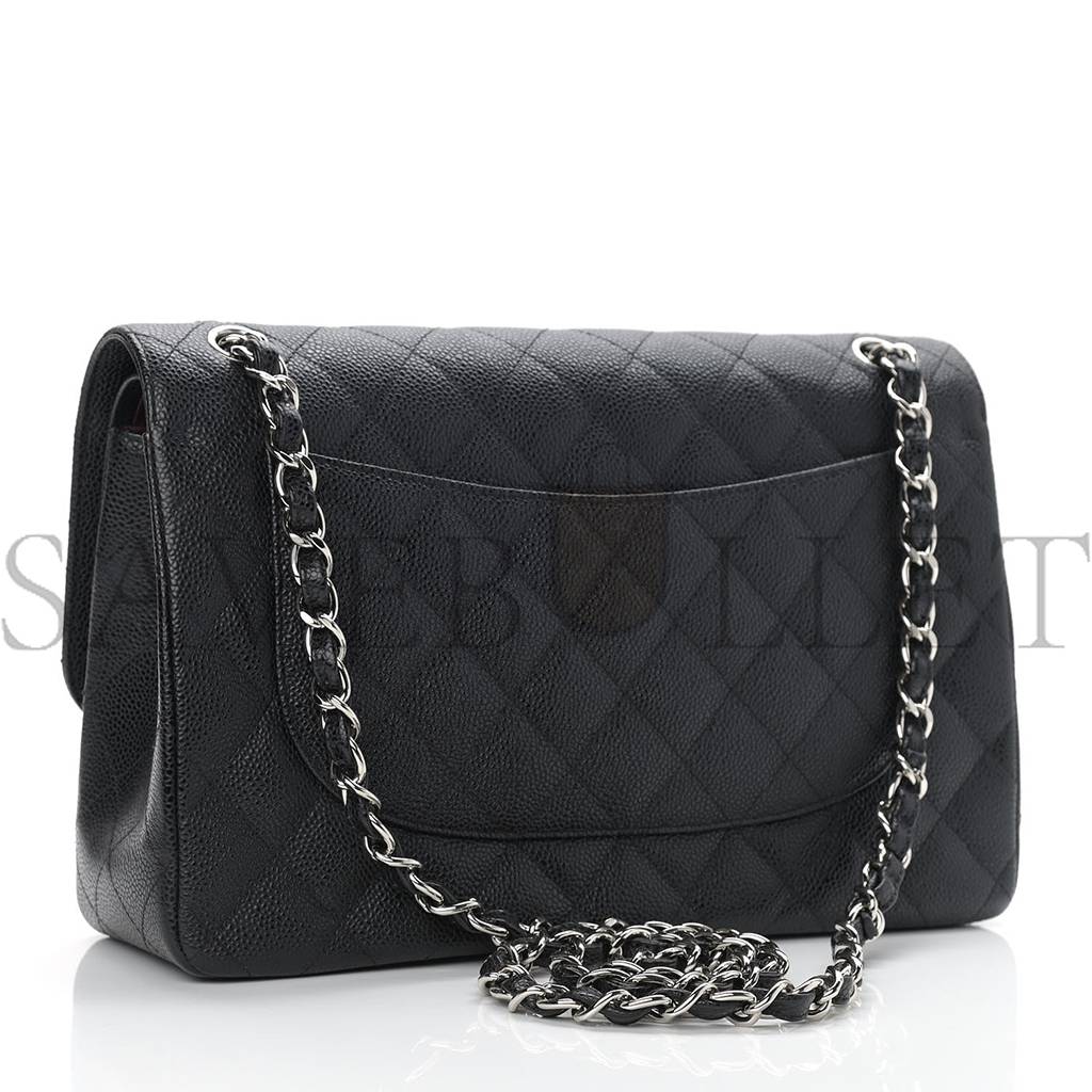 CHANEL CAVIAR QUILTED JUMBO DOUBLE FLAP BLACK SILVER HARDWARE (30*20*9cm)