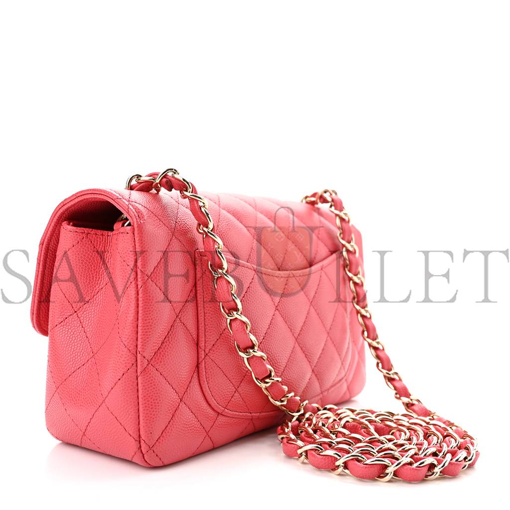 CHANEL CAVIAR QUILTED MINI RECTANGULAR FLAP DARK PINK ROSE GOLD HARDWARE (20*13*6cm)