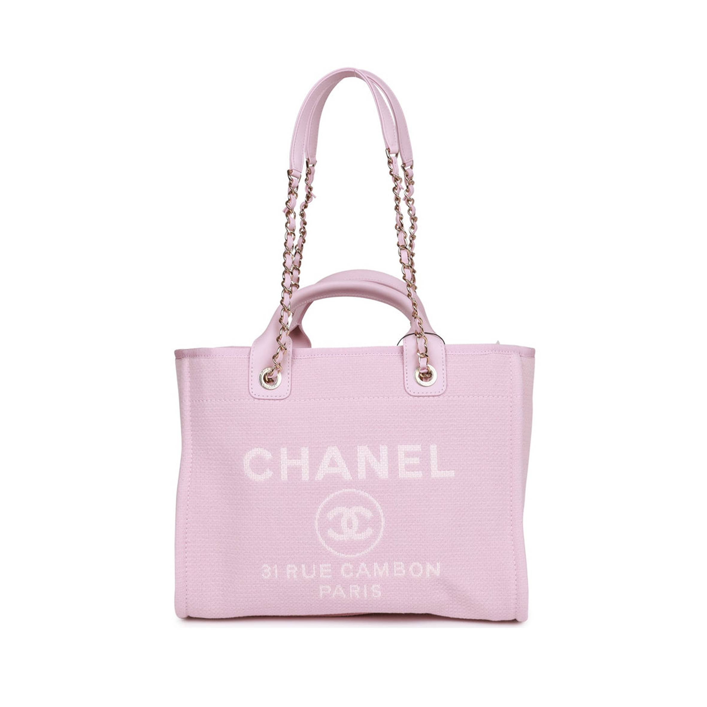 CHANEL SMALL DEAUVILLE SHOPPING BAG PINK BOUCLE LIGHT GOLD HARDWARE (34*27*15cm)