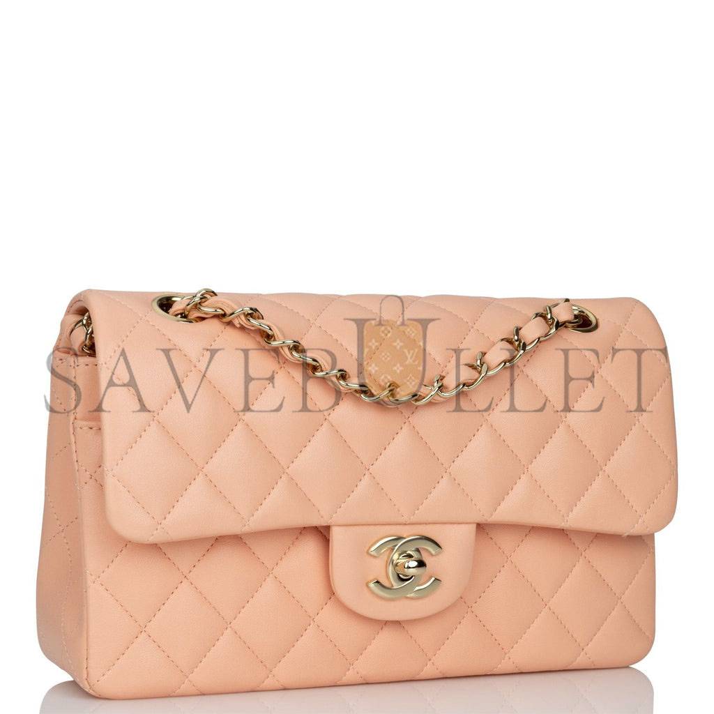 CHANEL SMALL CLASSIC DOUBLE FLAP PEACH LAMBSKIN LIGHT GOLD HARDWARE (23*13*6cm)